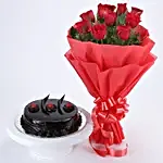 Chocolate Truffle Cake and Red Roses Bouquet