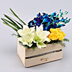 Orchids With Roses and Lilies Wooden Basket Arrangement