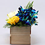 Orchids With Roses and Lilies Wooden Basket Arrangement