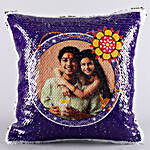 Rakhi Set and Personalised Sequin Cushion With Kaju Katli