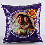Rakhi Set and Personalised Sequin Cushion With Kaju Katli