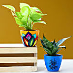 Set Of 2 Refreshing Plants In Handpainted Ceramic Pots