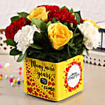 Mixed Carnations & Yellow Roses In Anniversary Vase