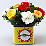 Mixed Carnations & Yellow Roses In Anniversary Vase