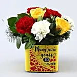 Mixed Carnations & Yellow Roses In Anniversary Vase