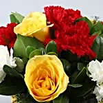 Mixed Carnations & Yellow Roses In Anniversary Vase