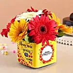 Mixed Gerberas In Yellow Anniversary Vase