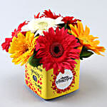 Mixed Gerberas In Yellow Anniversary Vase