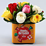 Mixed Roses In Orange Happy B'day Vase