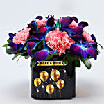 Pink Carnations & Blue Orchids In Black Birthday Vase