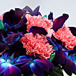 Pink Carnations & Blue Orchids In Black Birthday Vase