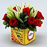 Red Roses & White Lilies In Yellow Anniversary Vase
