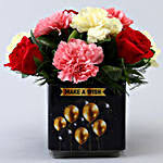 Carnations & Roses In Black Happy B'day Vase