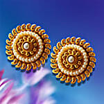 Temple Shape Round Gold Plated Metal Pearl Earrings