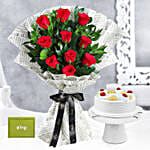 Elegant Vibe Red Roses Bouquet & Pineapple Cake