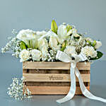 Serene White Flowers Wooden Crate Arrangement