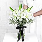 Blooming Asiatic Lilies In Black Ribbon Tied Vase