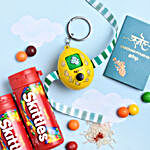 Sneh Push Button Game Rakhi & Skittles Fruit Tube