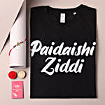 Sneh Purple Rakhi & Paidaishi Ziddi T-Shirt (Large)