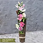 Mixed Flowers In Cylindrical Wooden Vase