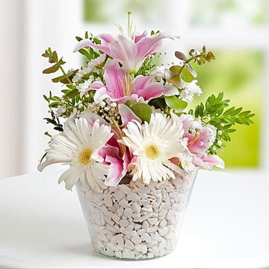 Gerberas N Lilium In A Vase Varient:Lilies to Saudi Arabia