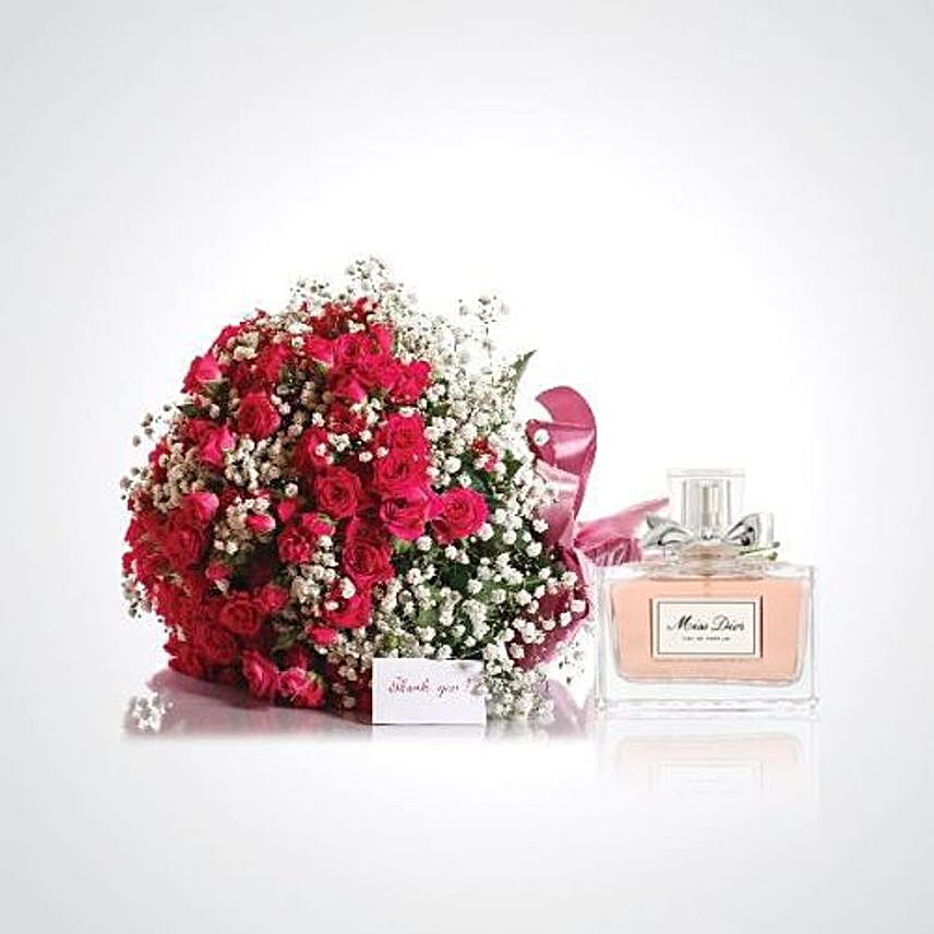 Red Roses With Miss Dior Perfume Combo:Send Perfume to Saudi Arabia