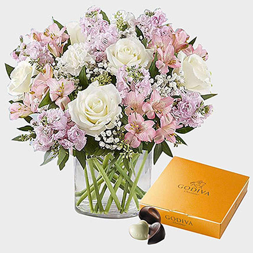 Elegant Beauty Flowers N Godiva Gold Chocolate Box:Send Mixed Flowers to Saudi Arabia