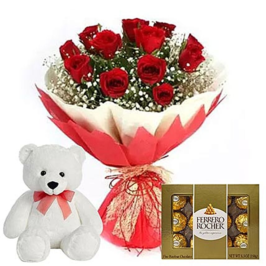 Chocolate with Red Roses & Teddy Bear