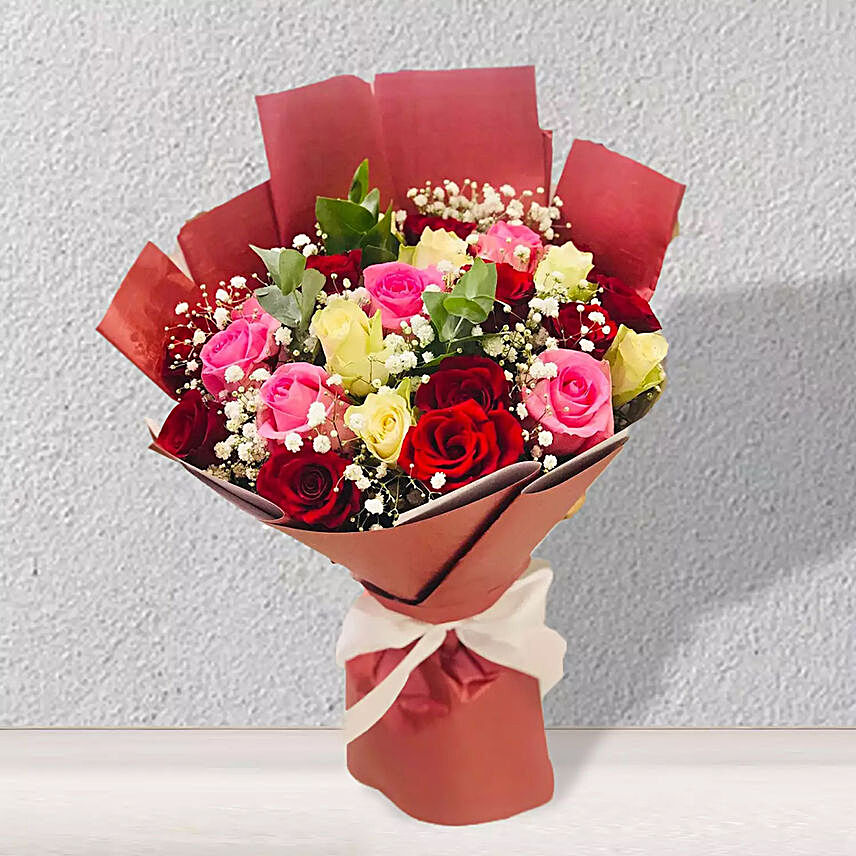 Magical Multicolored Roses Bouquet:Send Anniversary Flowers to Saudi Arabia