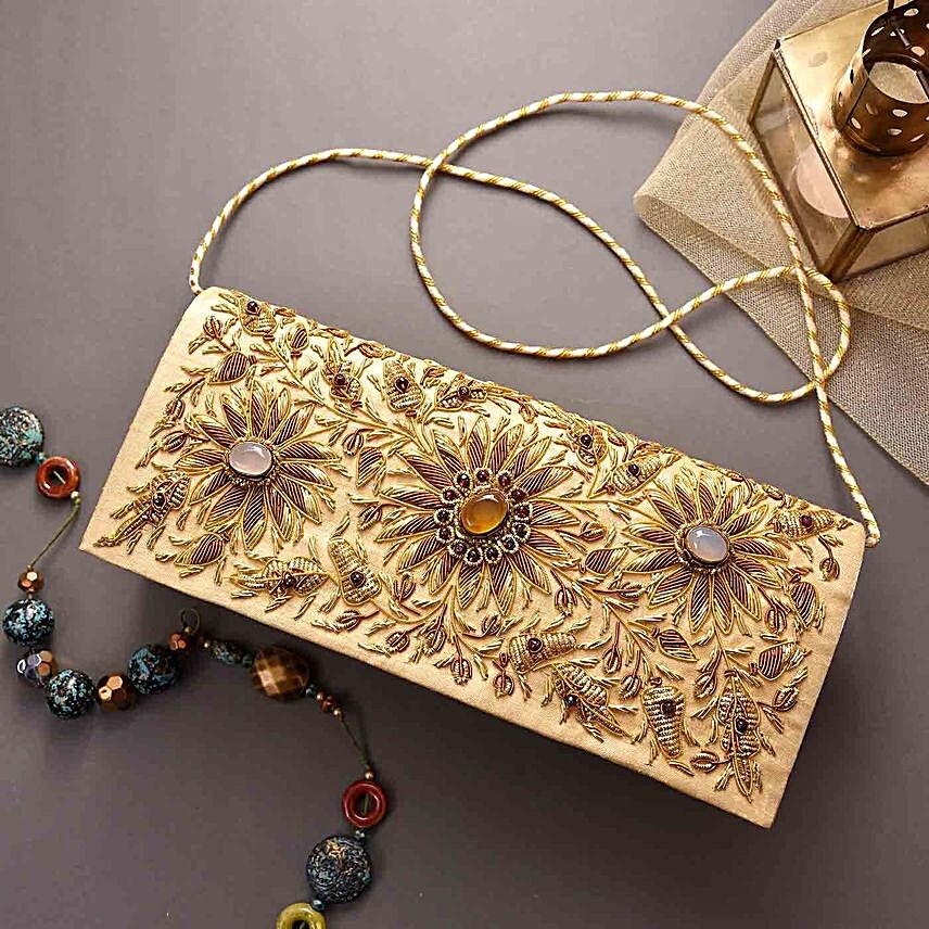 Beautiful Party Wear Golden Clutch:Rakhi Gifts for Sister to Saudi Arabia