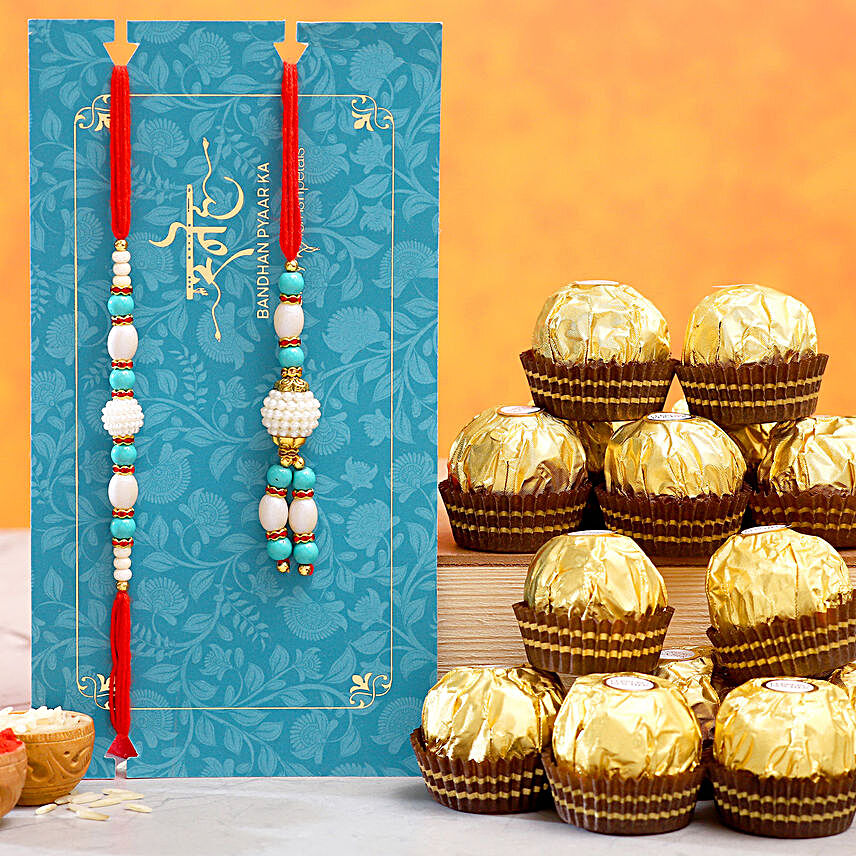 Blue Pearl And Lumba Rakhi Set With 16 Pcs Ferrero Rocher:Rakhi with Chocolates to Saudi Arabia