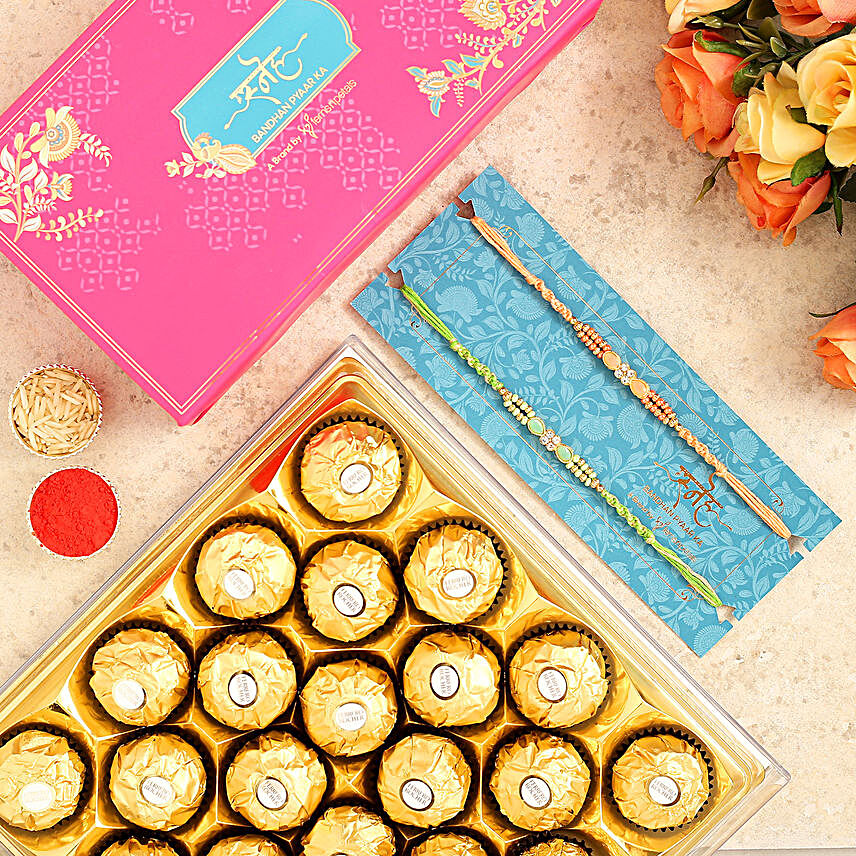 Designer Stone Rakhi Combo And 16 Pcs Ferrero Rocher:Rakhi with Chocolates to Saudi Arabia