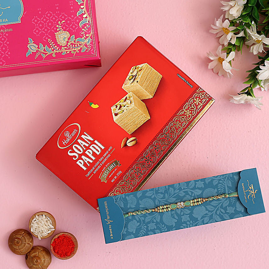Green Pearl Designer Rakhi And Soan Papdi:Rakhi with Sweets to Saudi Arabia