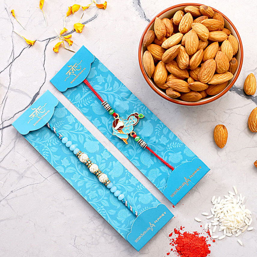 Sea Blue Pearl And Bal Krishna Rakhi Set With Healthy Almonds