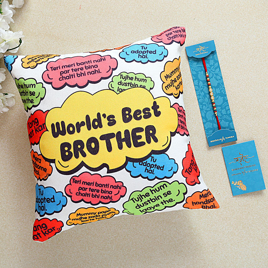 Pearl Rakhi And Worlds Best Brother Cushion:Rakhi for Brother in Saudi Arabia