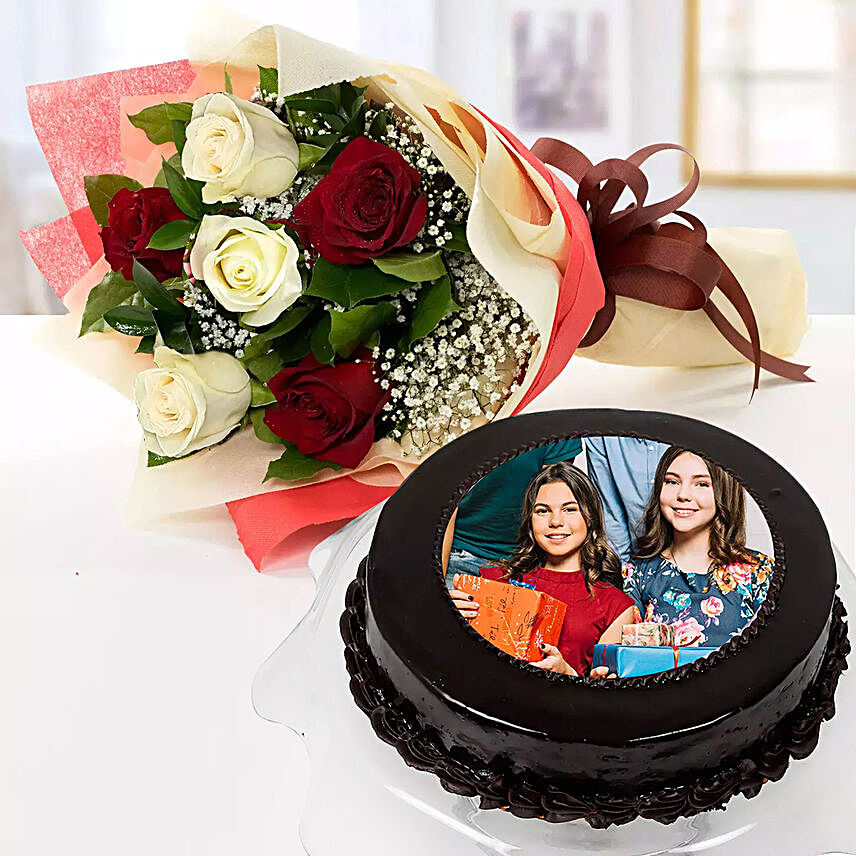 Chocolate Truffle Birthday Special Photo Cake With Flower Half Kg:Send Flowers to Saudi Arabia