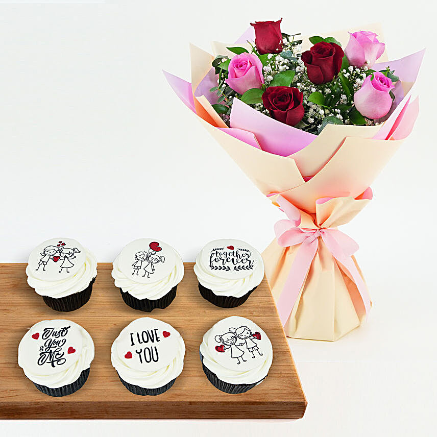 Valentines Day Cupcakes n Roses:Same Day Gift Delivery in Saudi Arabia