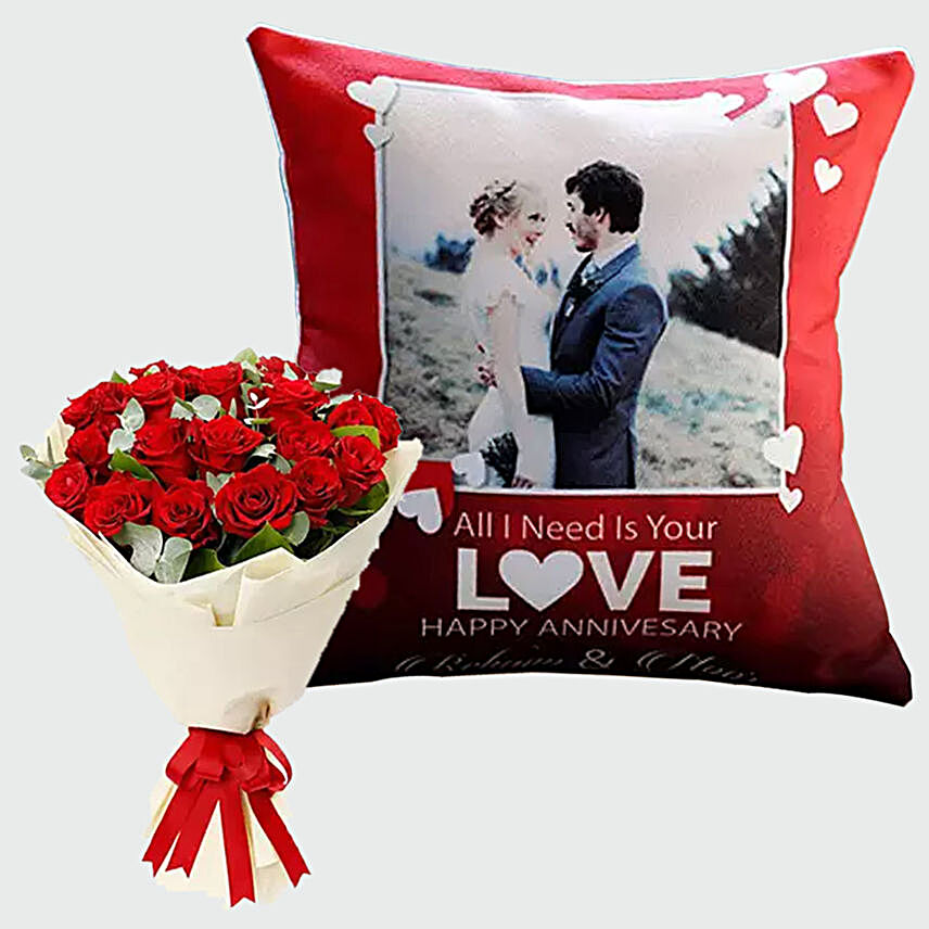 Adorable Roses And Personalised Cushion Combo