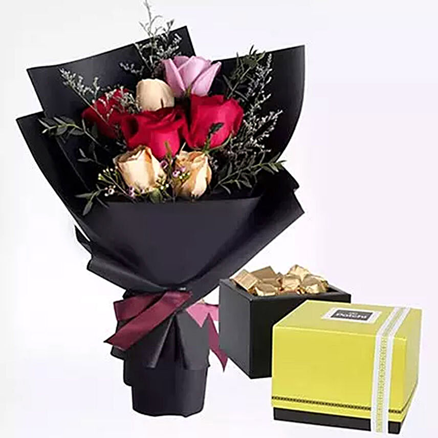 Mixed Roses Posy & Patchi Chocolates:Gift Baskets to Saudi Arabia