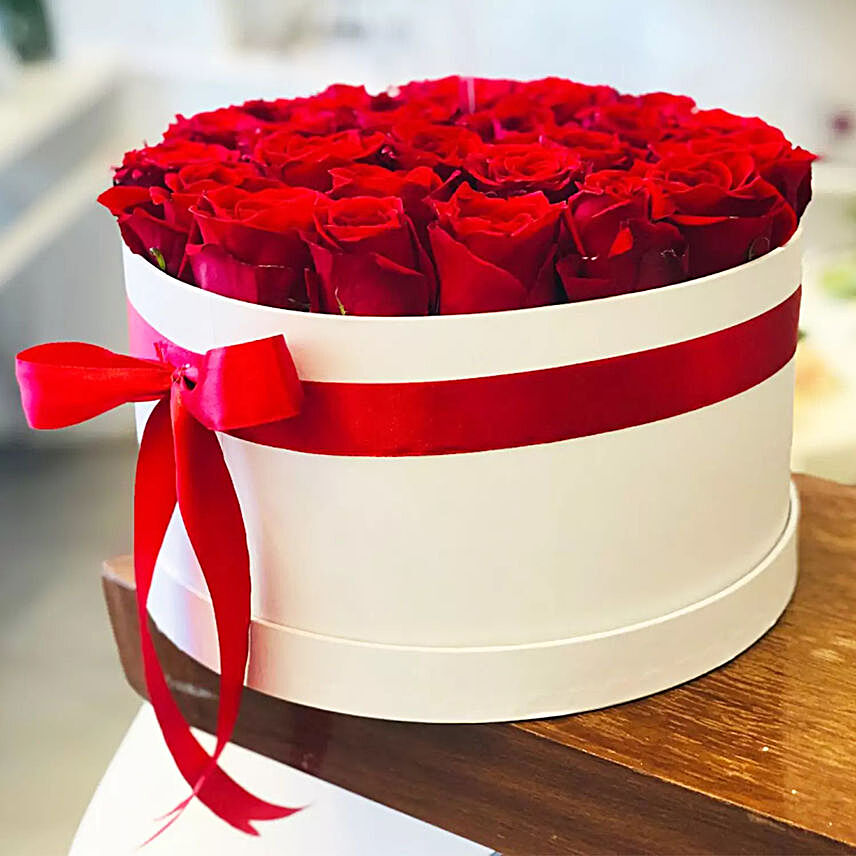 Romantic Red Roses White Box Arrangement:Send Anniversary Gifts To Saudi Arabia