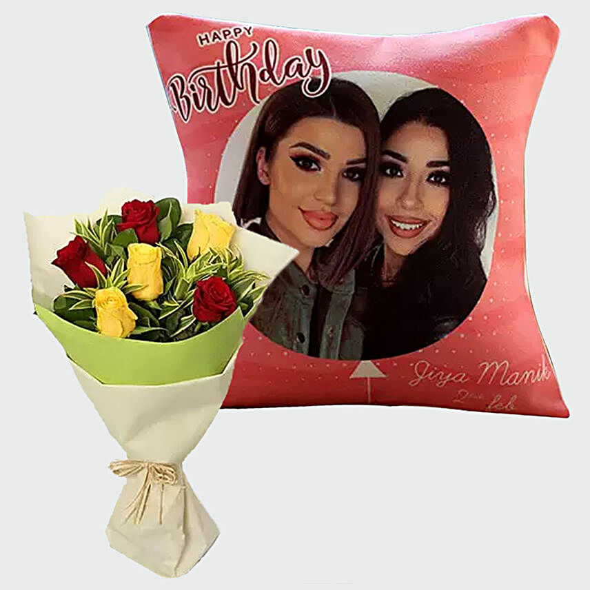 Roses Bouquet And Personalised Birthday Cushion