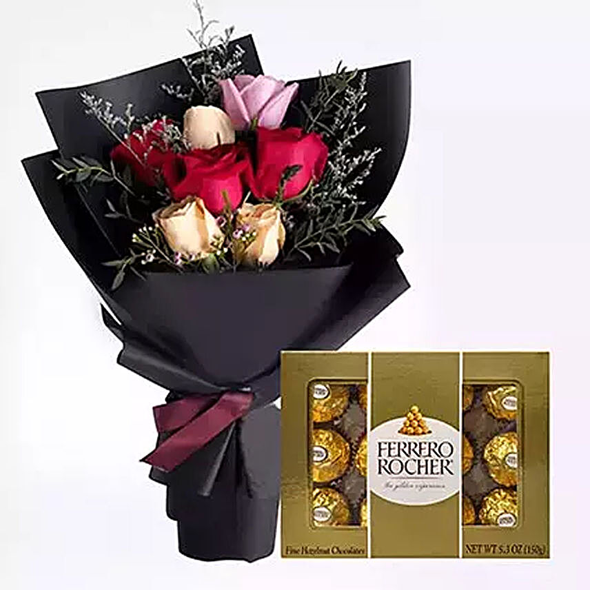 Mixed Roses & Ferrero Rocher Chocolate:Birthday Flower Delivery In Saudi Arabia