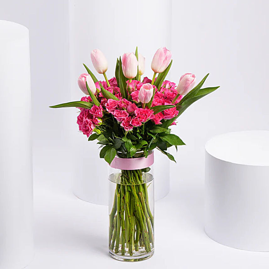 Elegant Pink Tulip and Baby Rose Bouquet in Vase