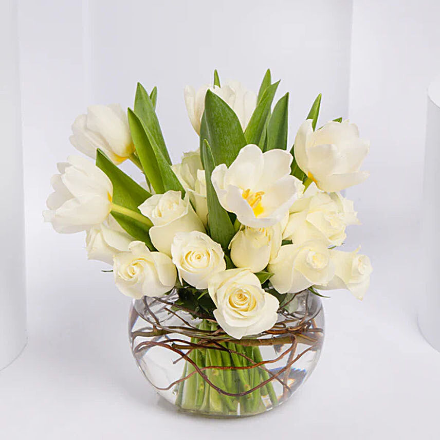 Elegant White Bouquet Tulip and Rose in a Vase