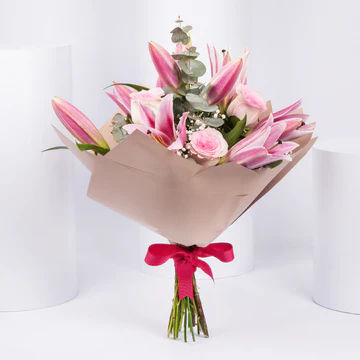 Mothers Day Pink Lily Rose Bouquet With Topper Saudi arabia Gift 