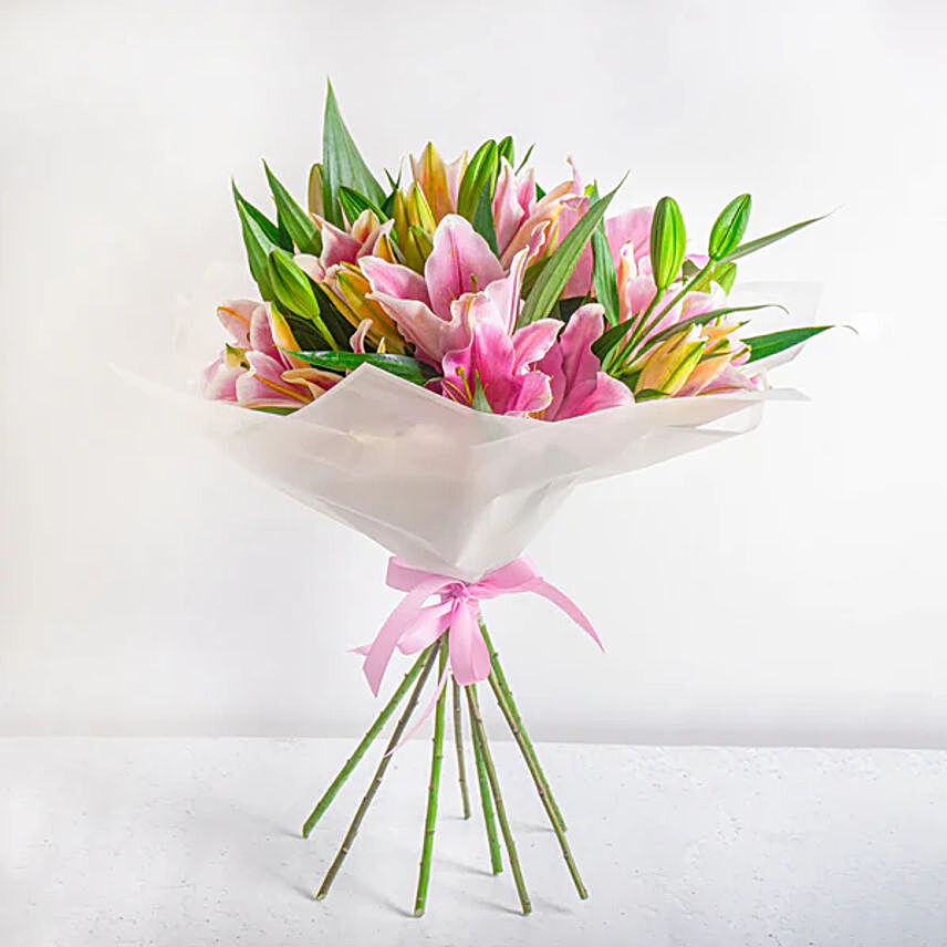 Pink Lily Bouquet in White Wrapping