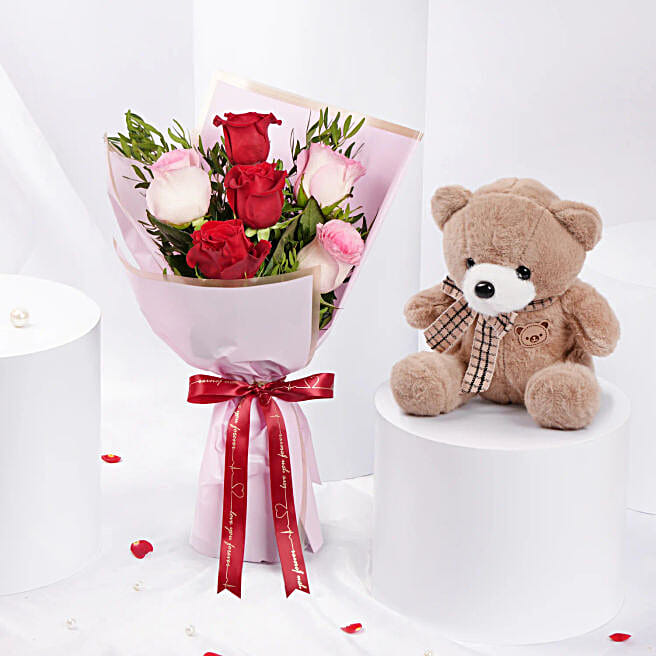 Rose Bouquet N Teddy Bear Valentine Combo saudi-arabia | Gift Rose Bouquet  N Teddy Bear Valentine Combo- FNP