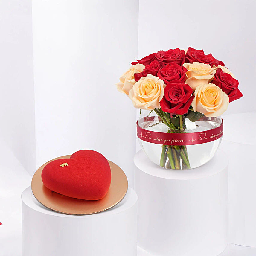 Valentine Rose Bowl N Heart Shape Cake Combo