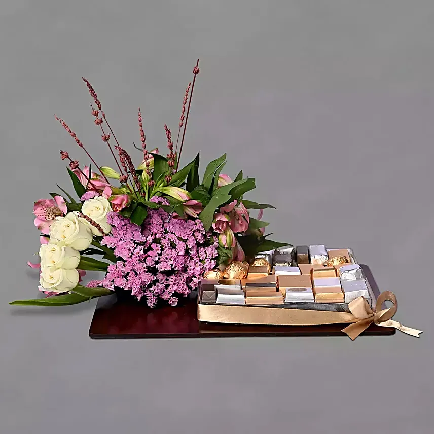 Chocolates And Mixed Flowers Tray