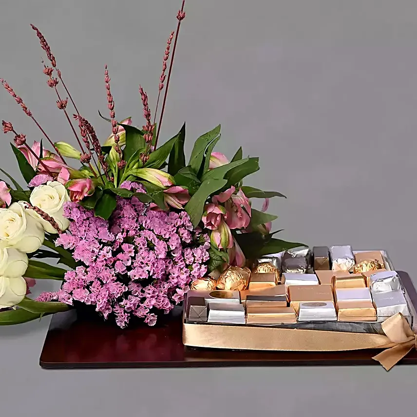 Chocolates And Mixed Flowers Tray